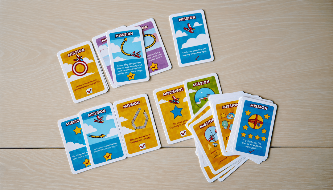 Flat lay of colorful mission cards for kids on a desk