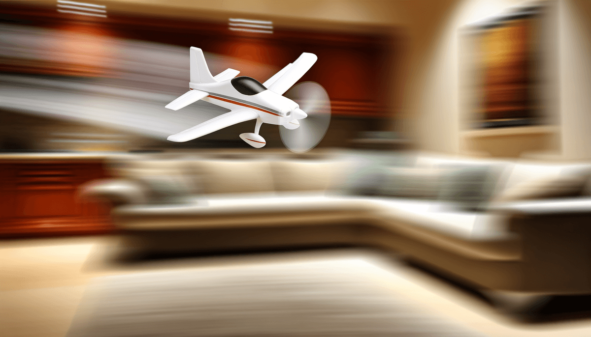 Foam RC jet performing a gentle turn inside a cozy living room with a dotted flight path